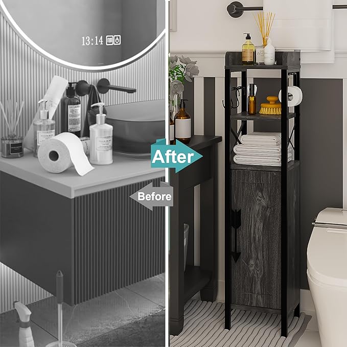 VECELO Small Bathroom Cabinet,Slim Toilet Paper Holders with Door,Metal Rack & 2 Shelves,Upgraded Narrow Storage Organizer for Restroom Bathroom Tiny Space,Fenced Top Waterproof Coating,Black