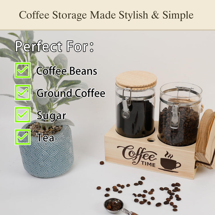 Glass Coffee Canister Set with Shelf & Spoon 2 Piece Coffee Containers for Coffee Bean Storage Airtight Seal