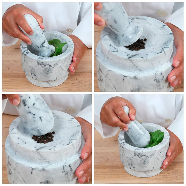 Laevo White Marble Mortar and Pestle Set - Heavy Duty Stone Spice Grinder - 2.1 Cup Capacity, 5.5-Inch Reversible Mortar and Pestle Set for Guacamole, Pesto, Spices - Large