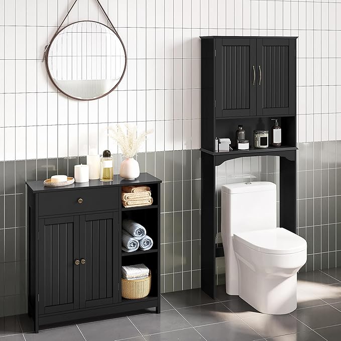 Yaheetech Bathroom Storage Cabinet, Bathroom Floor Cabinet with 2 Doors and 1 Drawer, Storage Units with 3 Open Compartments and Adjustable Shelves for Living Room, Entryway, Black