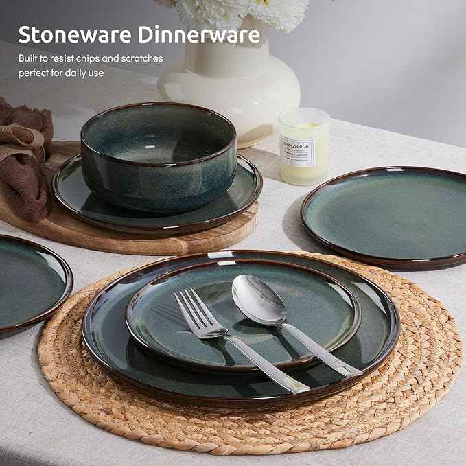 E-far Dinnerware Sets for 4, 12-Piece Stoneware Plates and Bowls Set, Ceramic Dishes Reactive Glaze Dinning Ware, Microwave & Dishwasher Safe - Obsidian Green
