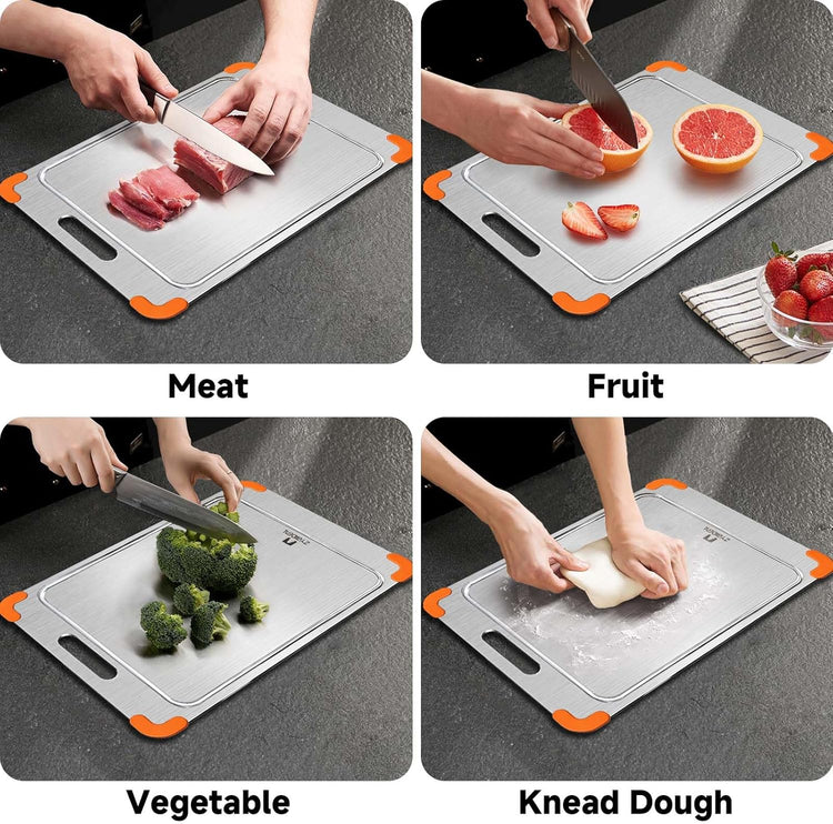 100% Pure Titanium Cutting Board with Grooves, Update Double Side Titanium Chopping Board, Silicone Anti-slip Stainless Cutting Boards for Kitchen 12 * 18 IN, Orange