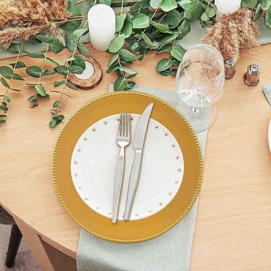 100 Pcs Gold Charger Plates with Napkin Rings Set Include 50 Gold Beaded Charger Plates 50 Napkin Rings, 13 Inch Plastic Round Chargers for Dinner, Wedding, Birthday, Party, Banquet, Table Setting