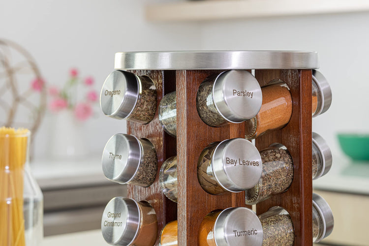 20 Jar Rotating Dark Acacia Wood Spice Rack with Spices Included & 5