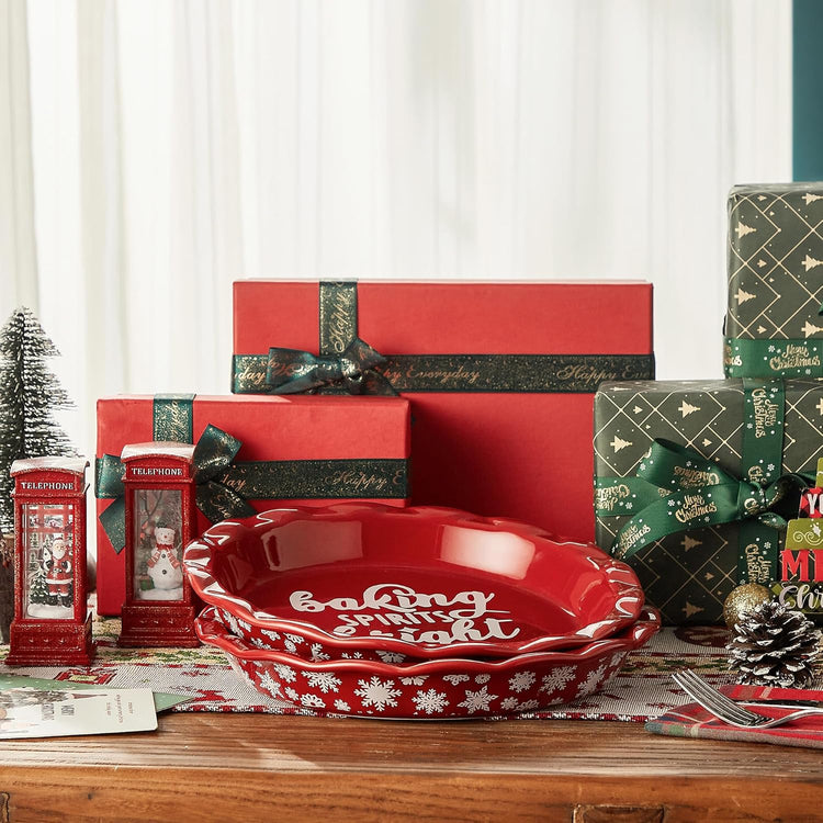 Ceramic Pie Pans for Baking, 9 Inches Pie Plate for Apple Pie, 36 Ounce Round Baking Dish, Set of 2, Thanksgiving day Gifts for Women, Christmas Red