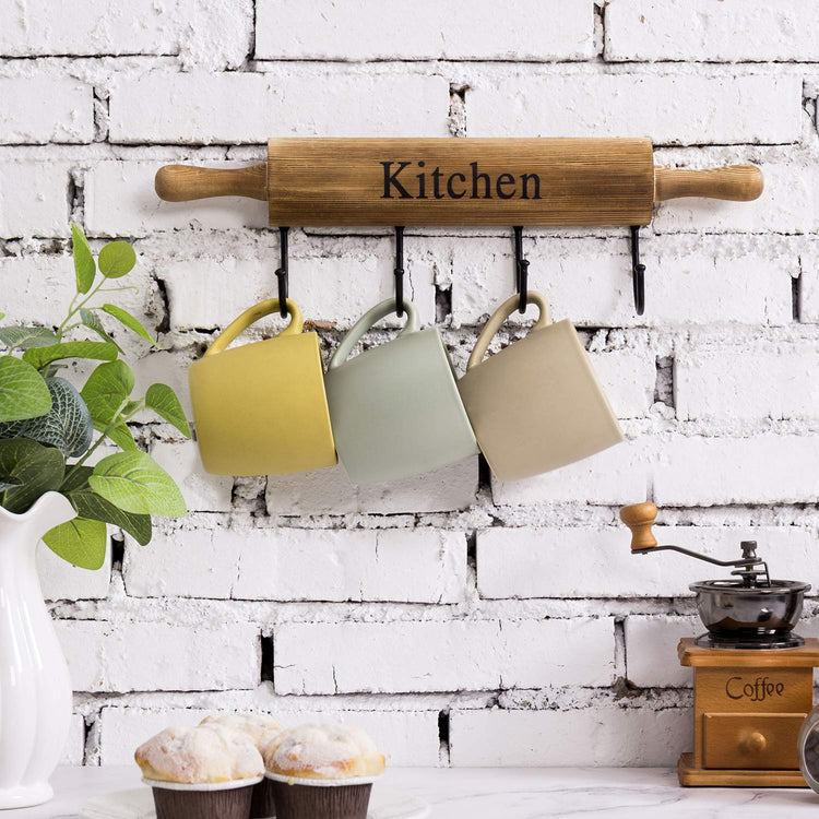 Rustic Burnt Brown Wood Kitchen Hooks for Hanging Cooking Utensils