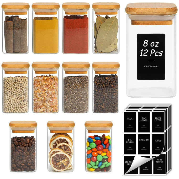 Glass Spice Jars with Labels 8 oz 12 Pack Square Bamboo Lids (12 Count)