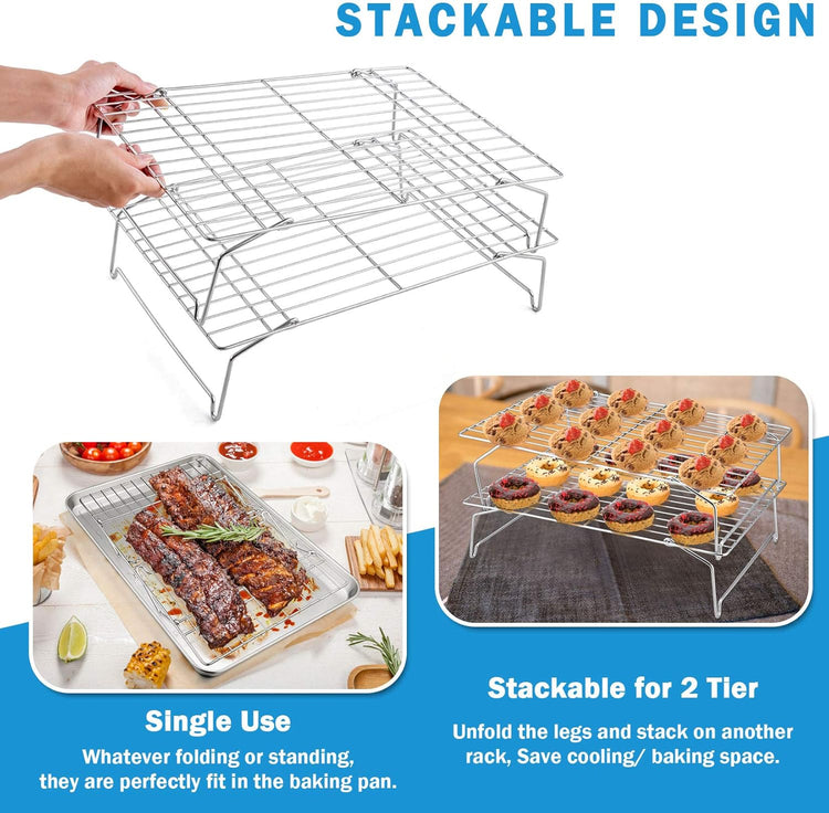 P&P CHEF 16 Inch Stainless Steel Baking Sheet with Rack Set (2 Pans+ 2 Racks), Cookie Sheets Baking Trays and Cooling Wire Racks, Oven & Dishwasher Safe, Pans with Stackable Racks