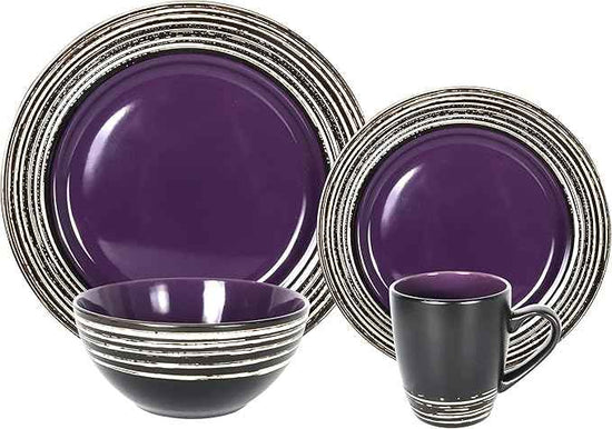 16 Piece Dinnerware Set, Ceramic Plates and Bowls Sets for 4, Microwave and Dishwasher Safe, Handcrafted Tree Bark Series Dish Set, Lavender/Purple