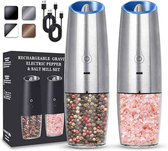 Rechargeable Electric Salt and Pepper Grinder set of 2, gravity electric salt and pepper grinder set, Adjustable Roughness, LED Light, 2 Pack, (Silver)