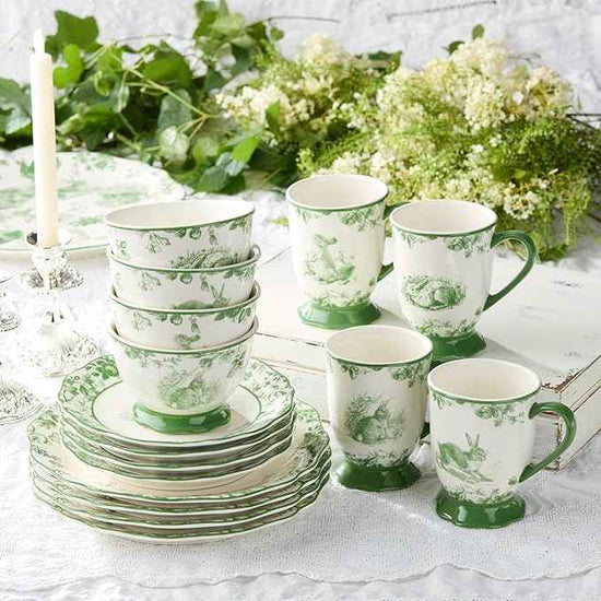 Le Jardin Bunny 16-Piece DINNERWARE SET, SERVICE FOR FOUR – Elegant Stoneware Plates, Bowls & Mugs for Springtime, Easter, Garden Parties & Everyday Charm – Scalloped Floral Toile Design