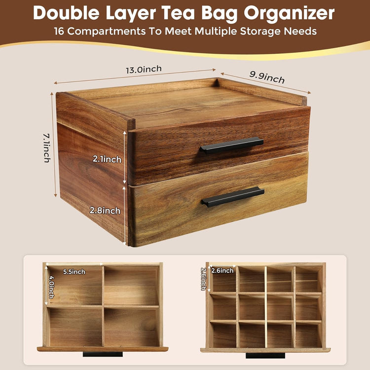 Double-Drawer Acacia Wood Tea Bag Organizer - Tea Box with Drawer, Tea Accessories for Tea Organizers and Storage Box, Tea Station Chest Caddy for Countertop Cabinet Office (16-Compartment, Gift Box)