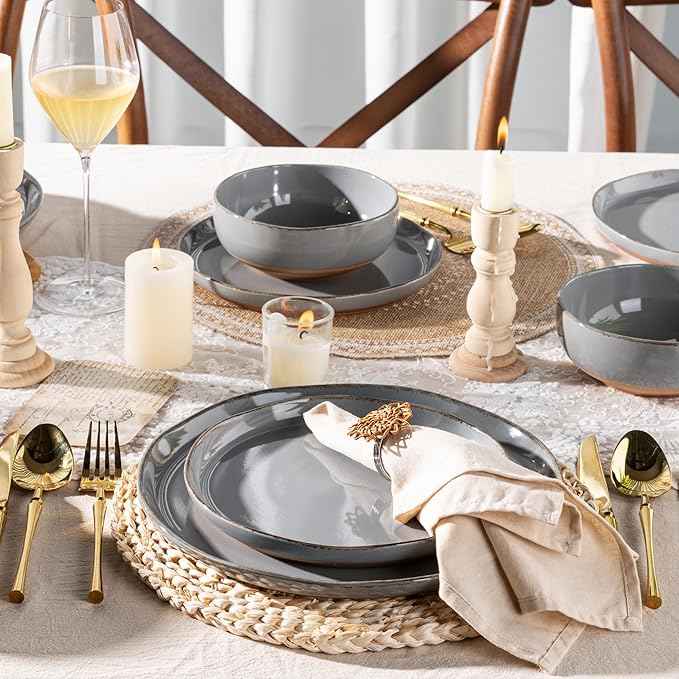 AmorArc Ceramic Dinnerware Sets for 4, 12 Pieces Handpainted Plates and Bowls Set with Rustic Terracotta Underside, Scratch Resistant Stoneware Dishes Set, Dishwasher & Microwave Safe