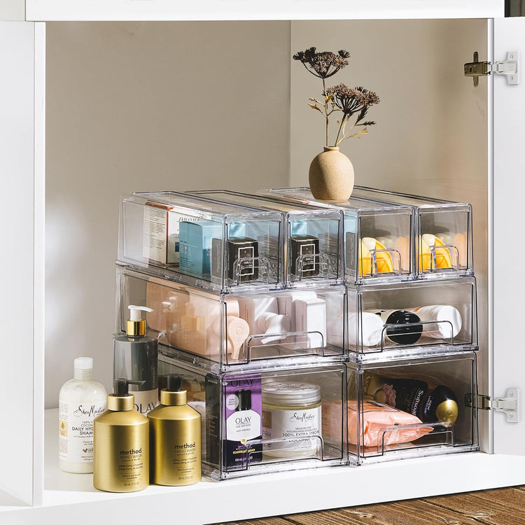 Sorbus Large Clear Storage Drawers (4 Pack) – Stackable Pull-Out Storage Bins with Handles, Slide Out Organizer Drawers for Pantry, Fridge, Kitchen – Acrylic Drawer Organizers
