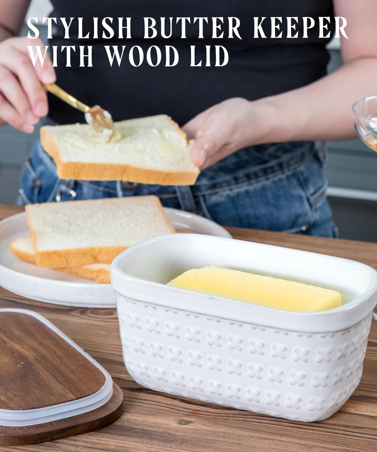 Ceramic Butter Dish Embossed Butter Keeper with Wood Lid for Countertop