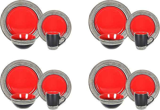 16 Piece Dinnerware Set, Ceramic Plates and Bowls Sets for 4, Microwave and Dishwasher Safe, Handcrafted Tree Bark Series Dish Set, Strawberry/Red