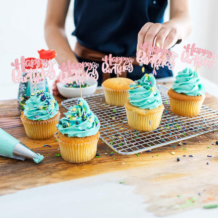 24Pcs Pink Light Pink Happy Birthday Cupcake Toppers for Baby Shower (24 Count)