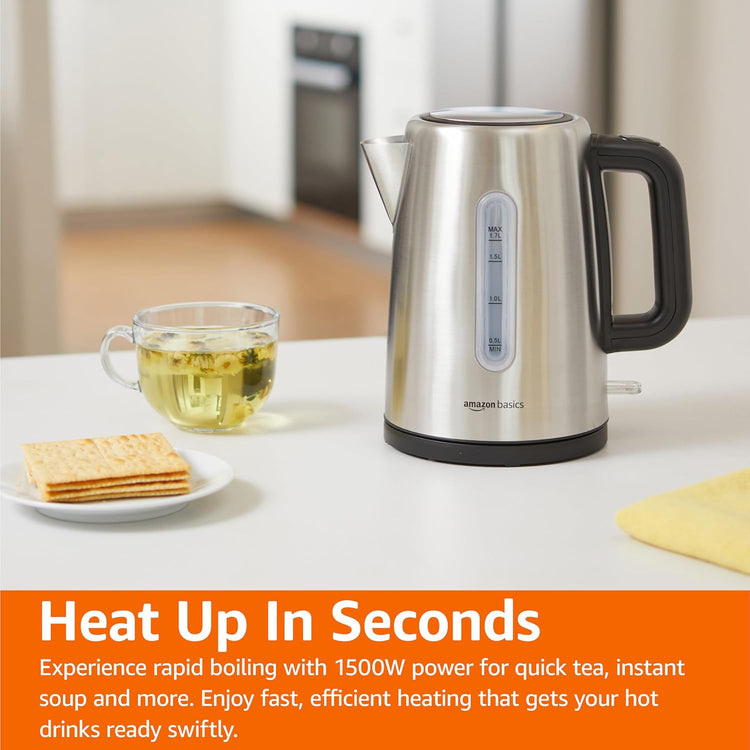 Amazon Basics Electric Stainless Steel Kettle for Tea and Coffee, BPA-Free, Fast Boiling, Auto Shut-Off, 1.8 Quarts, 1500W, Black and Silver