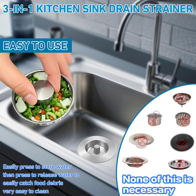 3-in-1 Kitchen Sink Drain Strainer & Stopper, Stainless Steel Food Catcher Plug with Filter Basket, Fits 3-1/2 Inch Drain Hole, Universal Sink Protector Cover, Anti-Clogging, Silver (Sus304, 1 Pack)