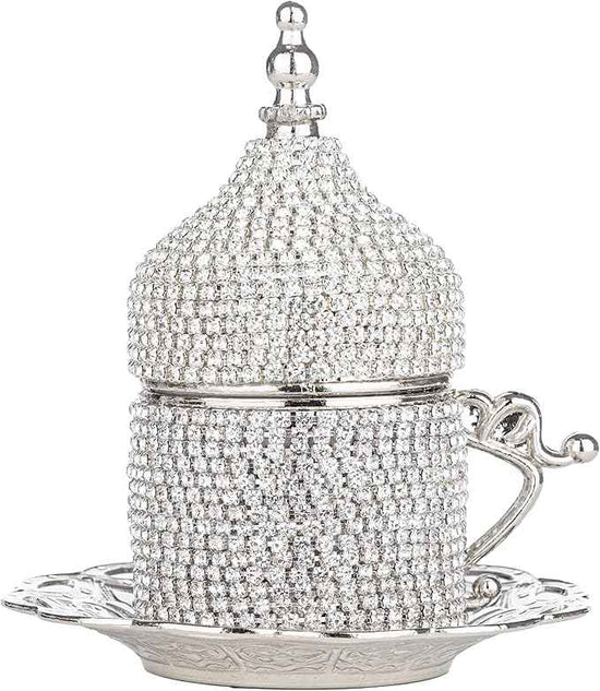 Alisveristime Crystal Embellished Turkish Coffee Set – 27 Pieces – Decorative Zamac Espresso Cups, Saucers and Sugar Bowl with Tray – Available in Three Color Variations (Silver)