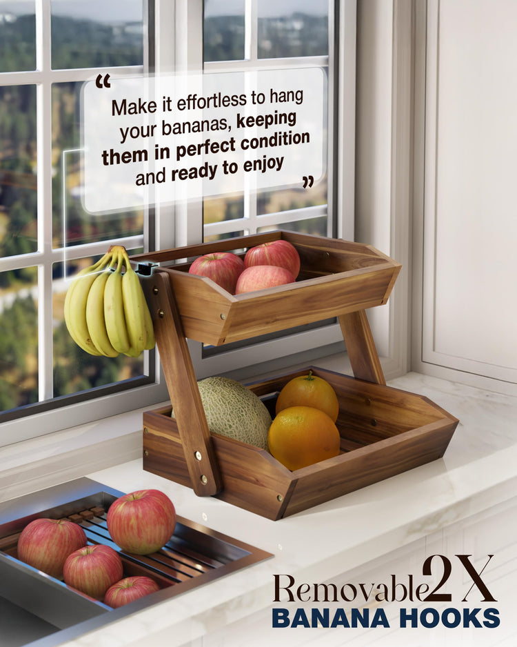 2 Tier Acacia Wood Fruit Stand for Kitchen Countertop Storage
