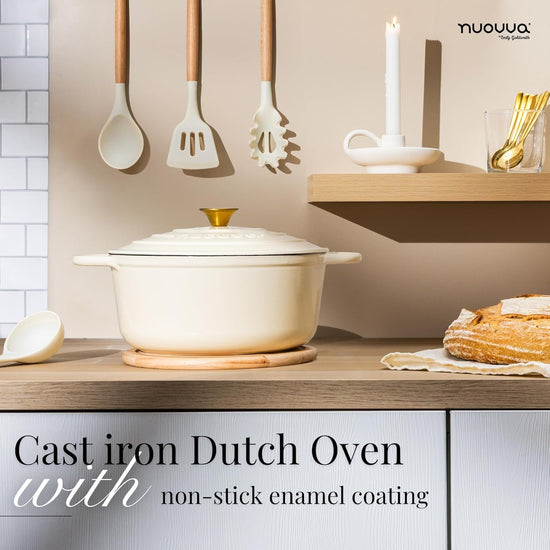 Nuovva Enamelled Cast Iron Dutch Oven Pot with Lid – 6.4 Quart Non Stick Casserole Pot – Heavy Duty & Oven Safe up to 500° F for Bread Baking, Braising, Stews, Roasting – 28cm Cream - Nestoria