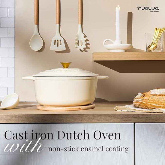 Cast Iron Pot with Lid – Non-Stick Ovenproof Enamelled Casserole Pot, Oven Safe up to 500° F – Sturdy Dutch Oven Cookware – Cream, 5-Quart, 24cm – by Nuovva
