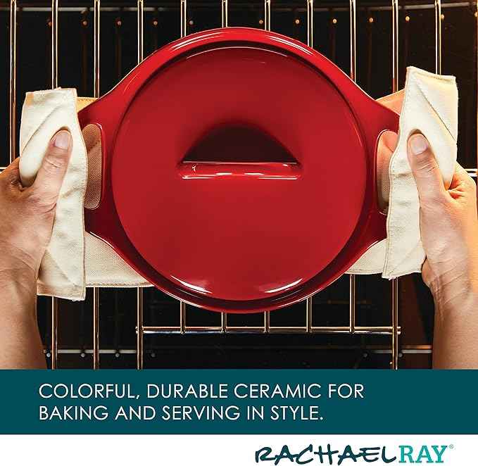 Rachael Ray Solid Glaze Ceramics Casserole Bakers/Baking Dish with Shared Lid Set, 3 Piece, Red