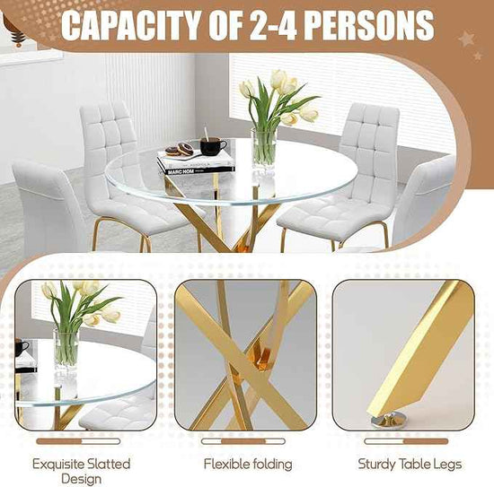 5 Piece Round Glass Dining Table Set, Round Tempered Glass Kitchen Tables Set for 4, Modern Table Set with 4 High-Back Upholstered Chairs for Kitchen Dining Room (Gold Legs, 4 White Chairs)