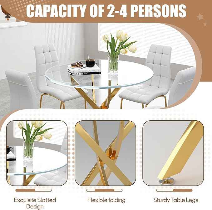 5 Piece Round Glass Dining Table Set, Round Tempered Glass Kitchen Tables Set for 4, Modern Table Set with 4 High-Back Upholstered Chairs for Kitchen Dining Room (Gold Legs, 4 White Chairs)