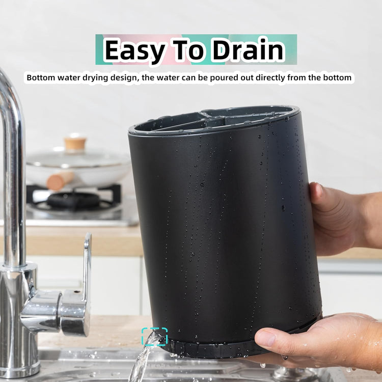 Kitchen Utensil Holder Extra Large 360°Rotating For Counter Organizer Stainless Steel Storage Cooking Silverware Caddy 3 Compartment Flatware Spoon Spatula Tool Cutlery Container(Black)