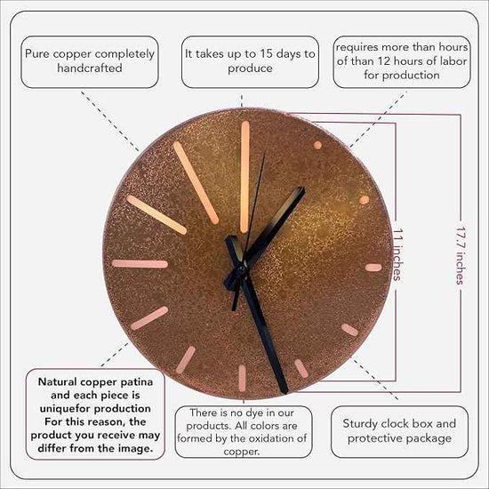 Handmade Pure Copper Wall Clock for Home Decoration, Decor Clock for Living Room, Bedroom and Kitchen, Rustic Decorative Mural Clock Art for Farmhouse (Lines of Time, 17.7)