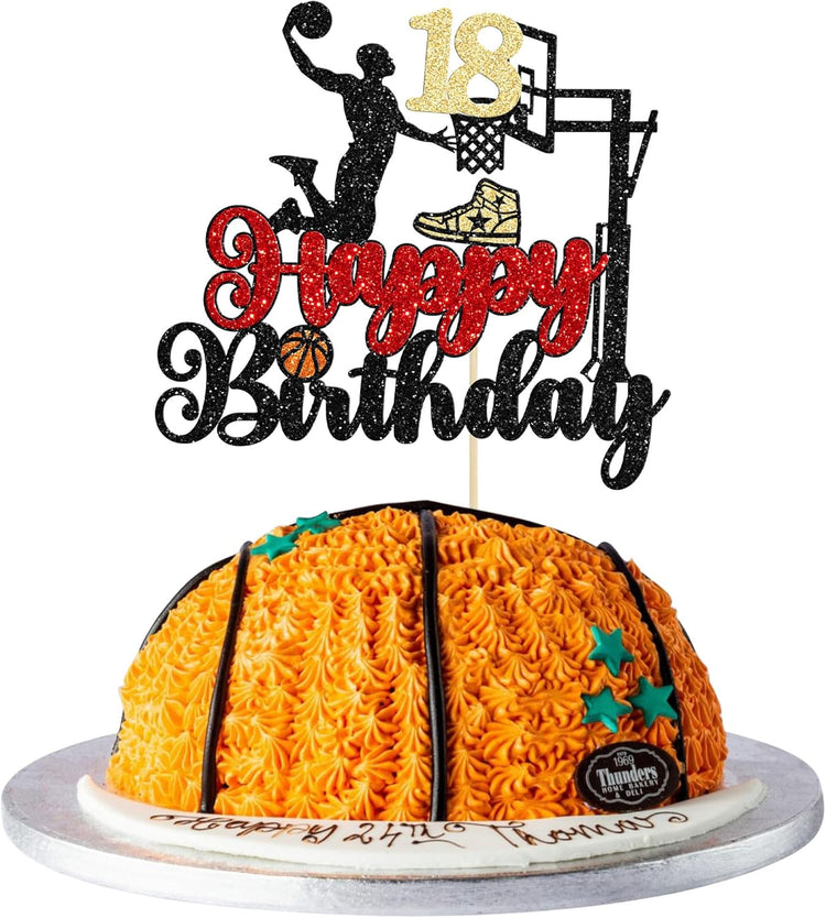 Ephlyn Basketball Happy 18th Birthday Cake Topper, 1Pc, Cake Pick for 18th Birthday Decoration, Sports Party Supplies, Black