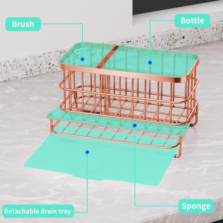 HapiRm Multifunctional Kitchen Sink Organizer, Large Sink Caddy with Drain Tray, SUS304 Stainless Steel Rustproof Sponge Holder for Kitchen Countertop - Rose Gold