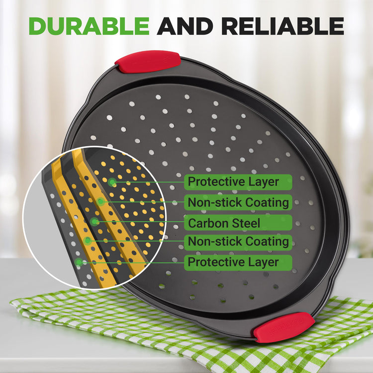 2-Piece 13-Inch Nonstick Pizza Tray, Round Carbon Steel Non-Stick Pizza Pan with Perforated Holes, Premium Bakeware Pizza Screen with Silicone Grip Handles, Dishwasher Safe, NCBPIZX2 (2 Count)