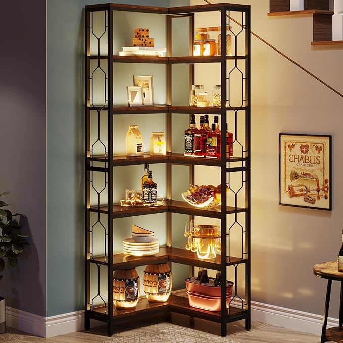 Tribesigns Corner Shelf, 7-Tier Industrial Corner Bookshelf, Wood and Metal Etagere Bookcase, Freestanding Display Shelf for Living Room, Kitchen, Home Office, Rustic Brown | Corner Bookshelf, Etagere Bookcase, Display Shelf, Living Room, Kitchen, Home...