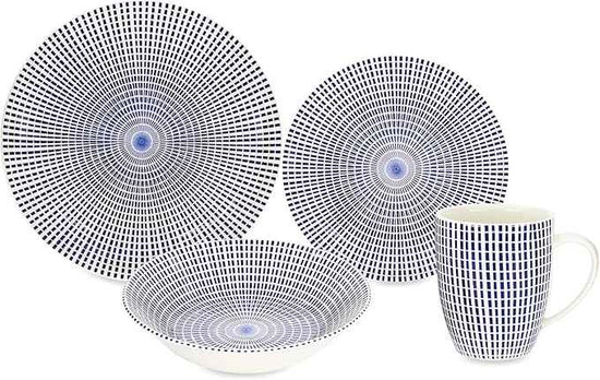 Tudor Royal Collection 12-Piece Round Dinnerware Set, Service for 4, Singapore Design, Blue Spiral, Plates Bowls Dishes, High-Gloss Premium Quality