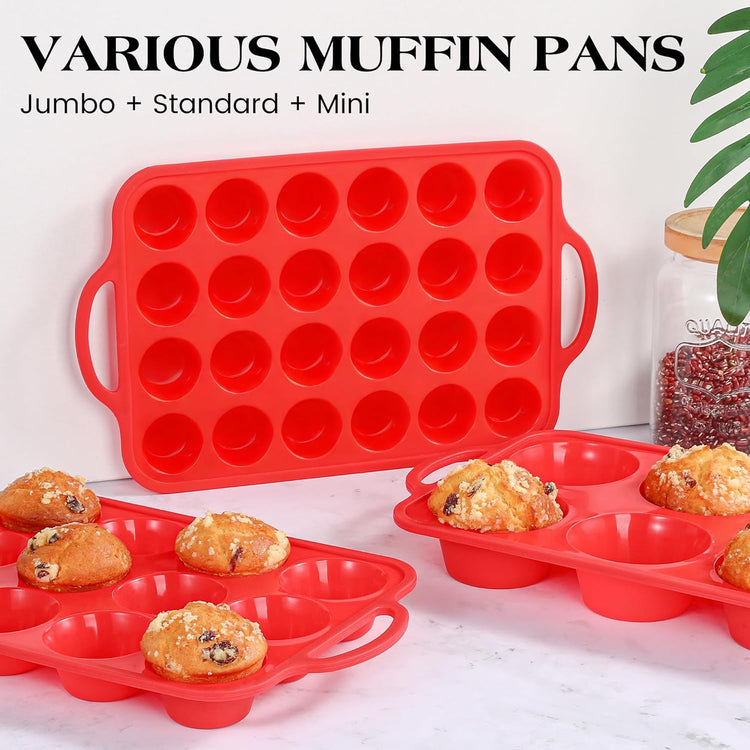 Silicone Mini Muffin Pan With Stainless Steel Reinforced Frame 24 Cups Nonstick Cupcake Molds for Baking Silicone Muffin Tray with Handles(2 Pcs, Red)
