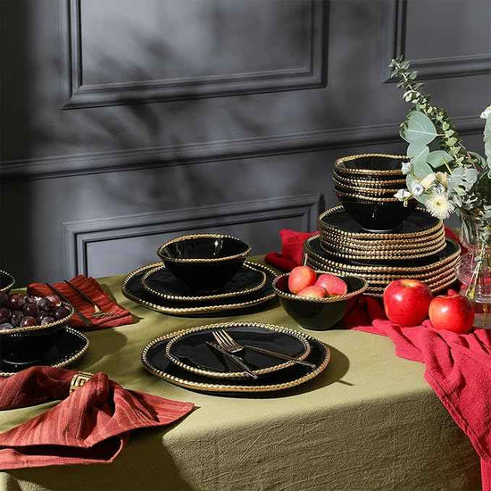 Christian Siriano Akoya Porcelain Dinnerware Set, 24-Piece - Dish Set for 8, Plates and Bowls Set, Black and Gold