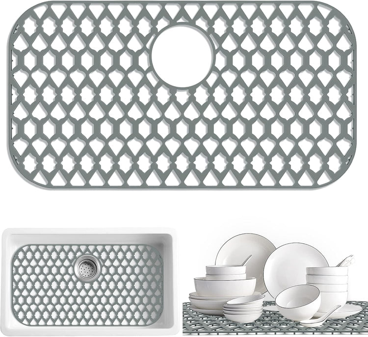 Sink Protectors for Bottom of Kitchen Sink 13x11 &16x12 &19x14 &21x16 &22x13 &24x13 &28x14 &30x16, Large Farmhouse Silicone Mats Grid (26”x14”, Rear Drain)