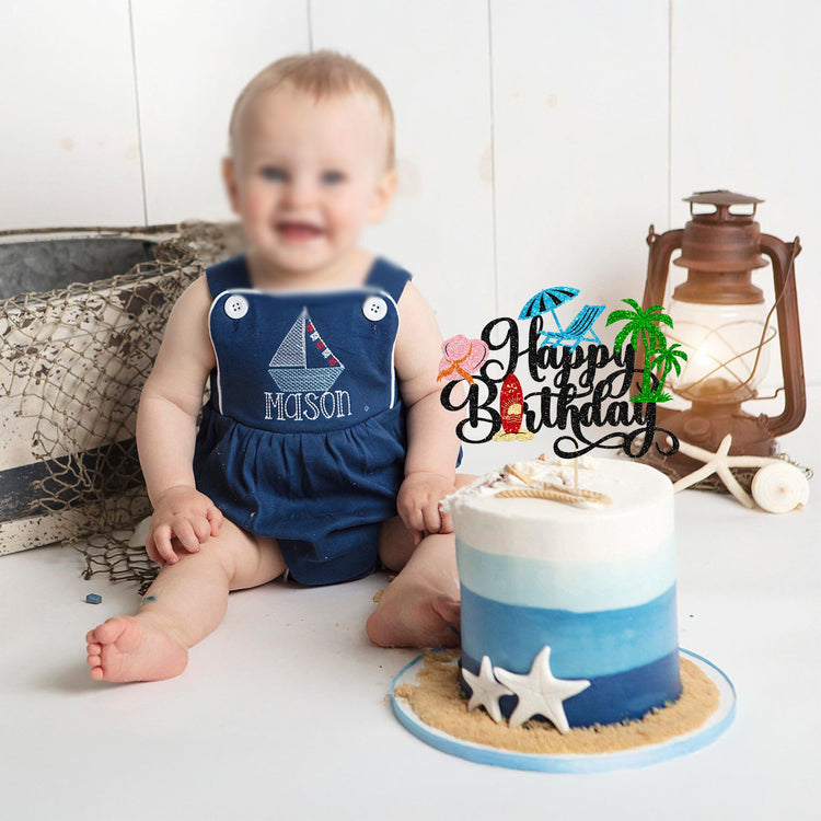 1Pcs Summer Beach Happy Birthday Cake Topper Glitter Ball Tree Umbrella Pool Cake Pick for Hawaiian Holiday Baby Shower Birthday Party Cake Decorations Supplies Black