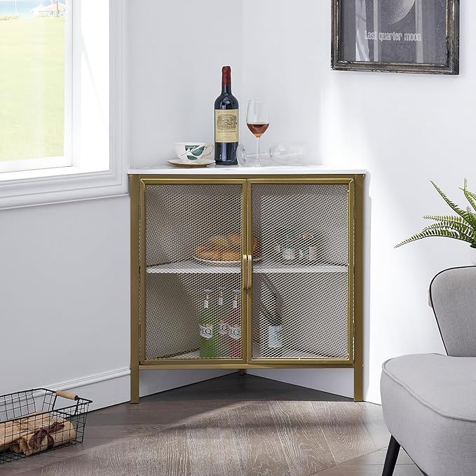 VECELO Corner Cabinet/Table, 3-Tier Display Shelves with Protection Door, Metal Frame Storage Shelf Organizer for Small Space, Living Room, Kitchen, Bathroom
