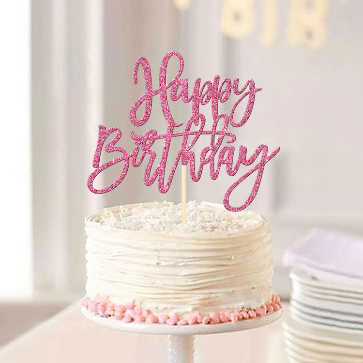 1 PCS Happy Birthday Cake Topper Glitter Happy Birthday Cake Pick for Celebrating Happy Birthday Anniversary Theme Party Cake Decorations Supplies Pink