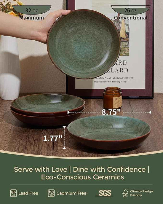 12 Piece Dinnerware Sets with Pasta Bowls, Stain Resistant Dish Set, Easy Cleaning Dishes, Multi-Functional Plate and Bowl Set, Stack Compactly Plates, Service for 4 Sage Green