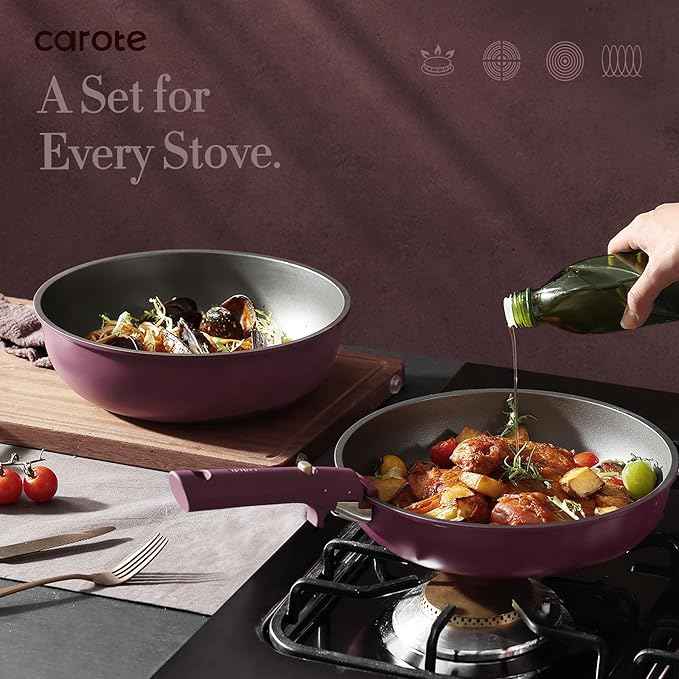 CAROTE 21pcs Pots and Pans Set, Nonstick Cookware Set Detachable Handle, Induction Kitchen Cookware Sets Non Stick with Removable Handle, RV Cookware Set, Gold and Purple