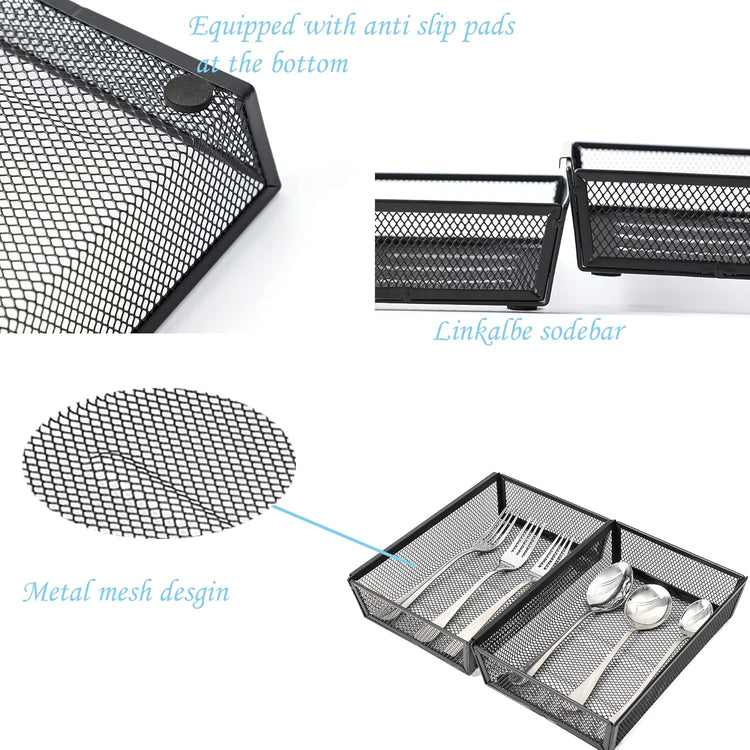 Mesh Tray Kitchen Drawer Utensil Cutlery Tray Office Supplies with Inter-locking Arm Drawer Dividers Organizer for Silverware, Flatware, Home,Office, School,Bedroom(9＂X6＂4pack) Black