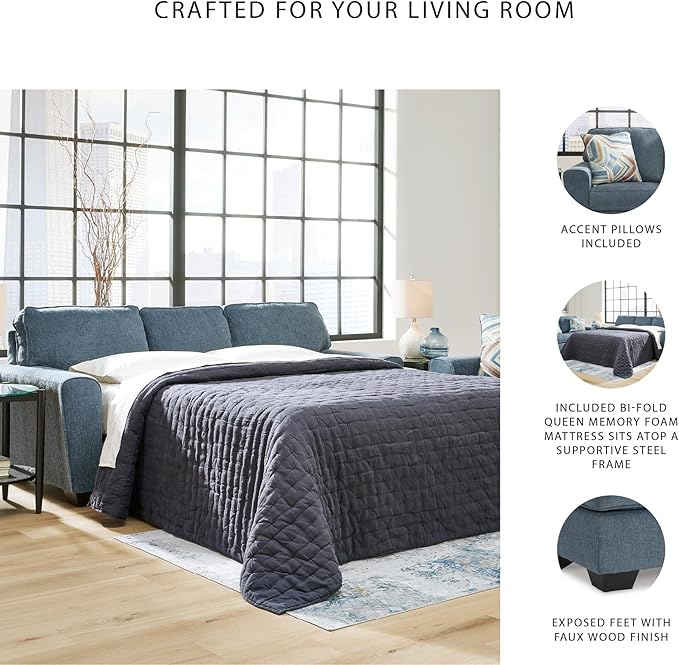 Signature Design by Ashley Cashton Casual 2-in-1 Sofa Sleeper with Folding Gel Memory Foam Mattress, Queen, Blue