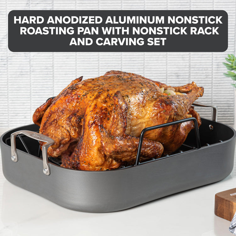 Hard Anodized Aluminum Nonstick Roasting Pan with Non Stick Rack and Carving Set