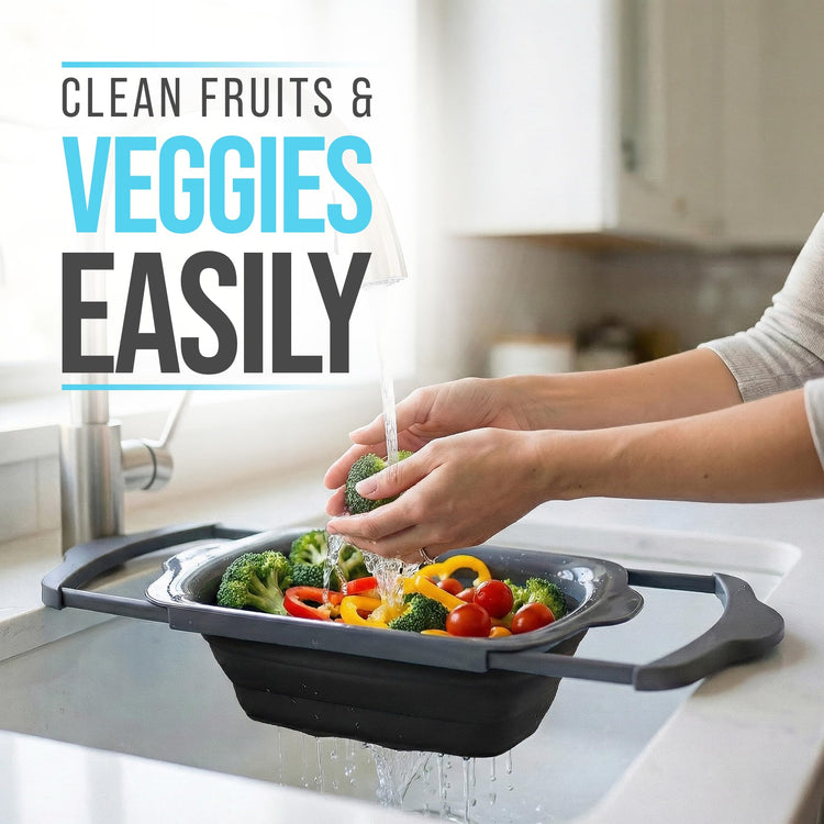 Over-the-Sink Colander with Handles – Sleek Plastic Black Kitchen Strainer for Pasta, Vegetables & Fruits – Space-Saving Design – 17.1 x 10.2 x 1.75 Inches