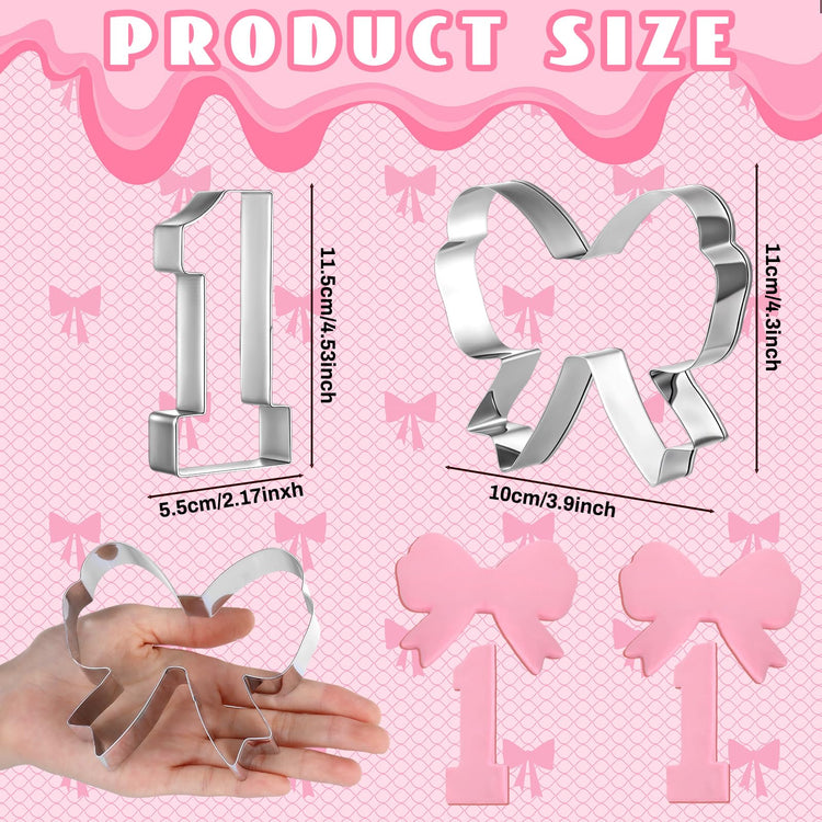 Pink Bow Birthday Party Supplies 2 Pcs 5 Inch Bow Cookie Cutter Number One Cookie Cutter Baking Mold Metal Sandwich Pancake Fondant Cake Mold First Birthday First Anniversary Wedding Party (2 Count)